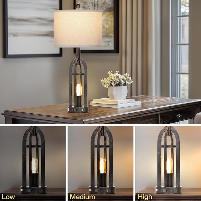 27" Rustic Table Lamps for Living Room - Farmhouse Lamps Set of 2 with USB C+A & Outlet, 3-Way Dimmable Touch Lamps for Night Stands, Vintage Bedside Lamp for End Tables,Bedroom,Bronze - Bloomnest