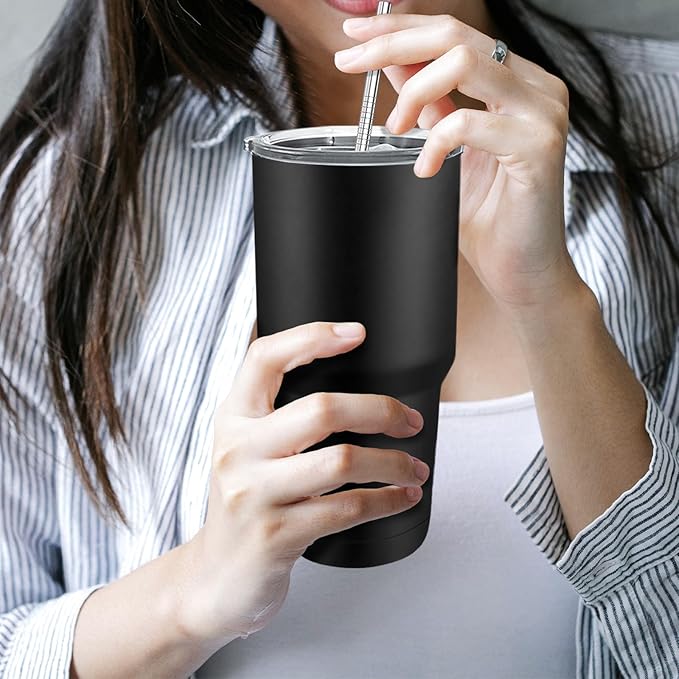 YOUKE OLA 8 Pack Insulated Tumbler with Lids and Straws Bulk Stainless Steel Double Wall Vacuum Insulated Coffee Travel Tumbler for DIY Gift (Black, 30oz) - Bloomnest