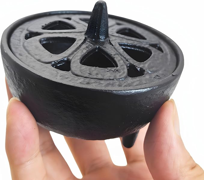 Small Cast Iron Incense Burner Holder, Home Decor, Bowl Design with Decorative Lid, Black Incense for Sticks, Resin, Cone Incense or Wax Melts - Bloomnest