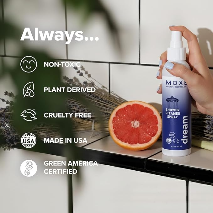 MOXE Aromatherapy Shower Mist Variety Pack, Eucalyptus, Lavender, Breathe and Dream, Spa Steam Spray, Natural 100% Essential Oils, Made in USA, Aromatherapy, Sinus Congestion Relief, 4 Pack (8oz) - Bloomnest