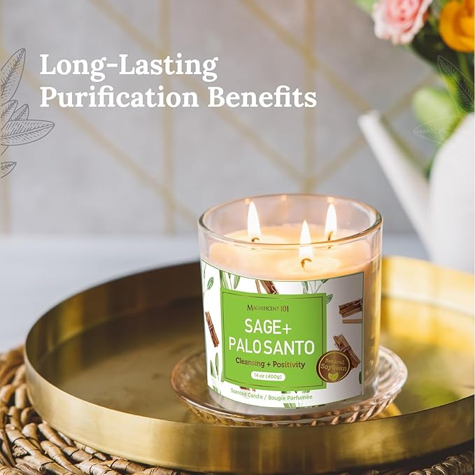 MAGNIFICENT 101 Sage & Palo Santo Candle - 14 Oz - 56 Hr Burn Time - Soy Wax Smudge Candle for Negative Energy Cleansing & Manifestation Magnificent101