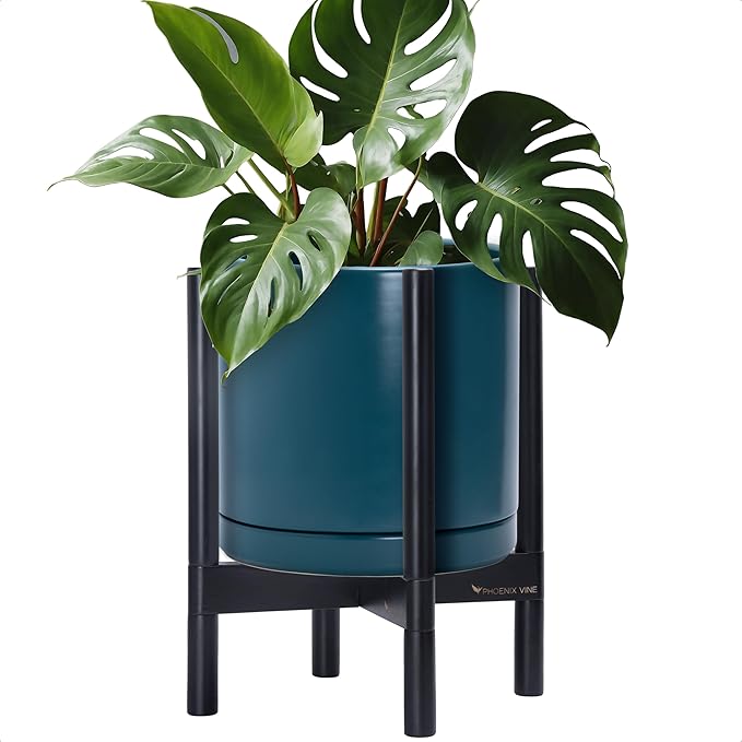 D'vine Dev Ceramic Planter with Ebony Stand - 12 Inch Modern Round Flower Pot with Wood Planter Holder, Teal, 55-B-H-4 - Bloomnest