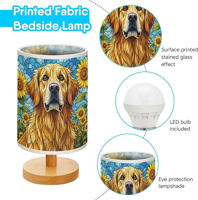 Golden Retriever Table Lamp LED 3-Color Pressed Bedside, Dog Shade Lamp with Wood Base for Bedroom Living Room Desk Office - Bloomnest