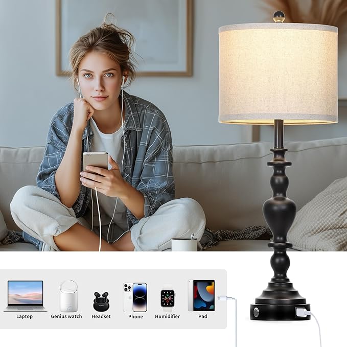27" Vintage Table Lamps for Living Room Set of 2, Farmhouse Rustic Nightstand Lamps with USB C+A Ports, 3-Way Dimmable Bedside Lamp for Bedrooms Office Dorm, 2 LED Bulbs Included Washed Antique Black - Bloomnest