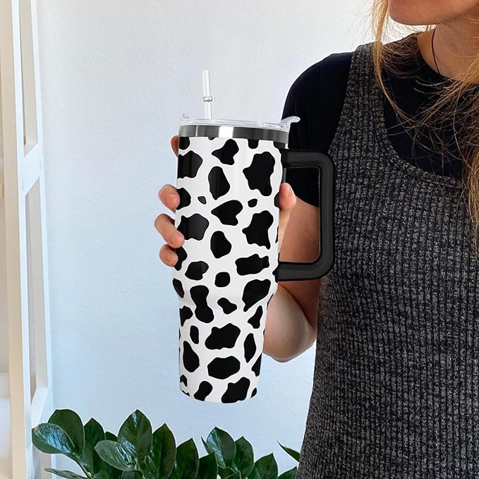 Ceovfoi 40 Oz Cow Tumbler With Handle,Cow Print Coffee Travel Mug Cup Water Bottle,Cow Print Decor,Cow Gifts for Women - Bloomnest