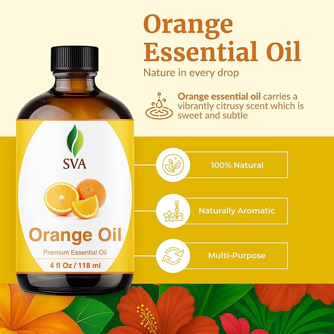 SVA Orange Essential Oil – 4 Fl Oz – 100% Natural Orange Oil - for Diffuser, Hair Care, Face, Skin Care, Aromatherapy, Scalp and Body Massage, Soap and Candle Making - with Dropper - Bloomnest