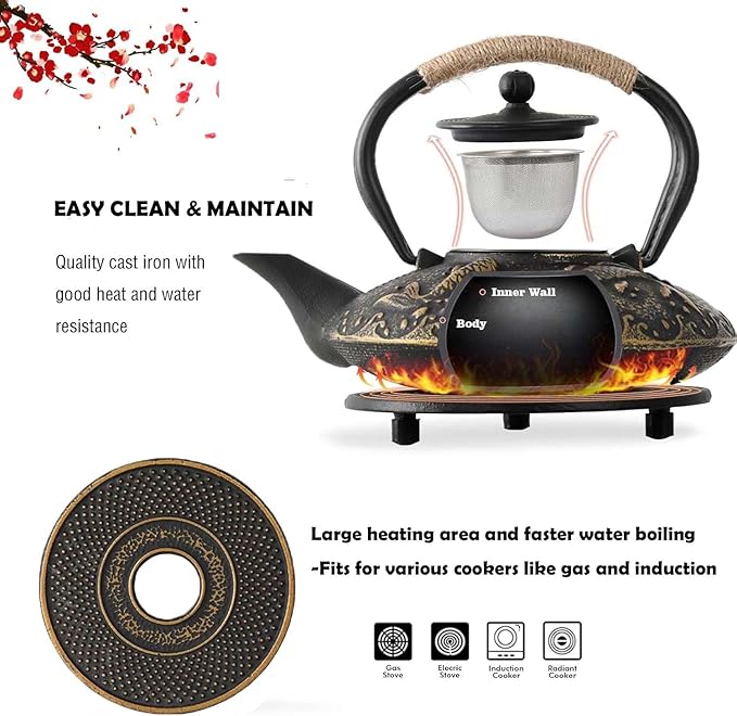 Cast Iron Teapot Set with Gift Pakckage, Koi Fish Tea Pot, Japanese Style Tetsubin Tea Gift Set, 4 Cups, Trivet and Lid Holder (koi fish)