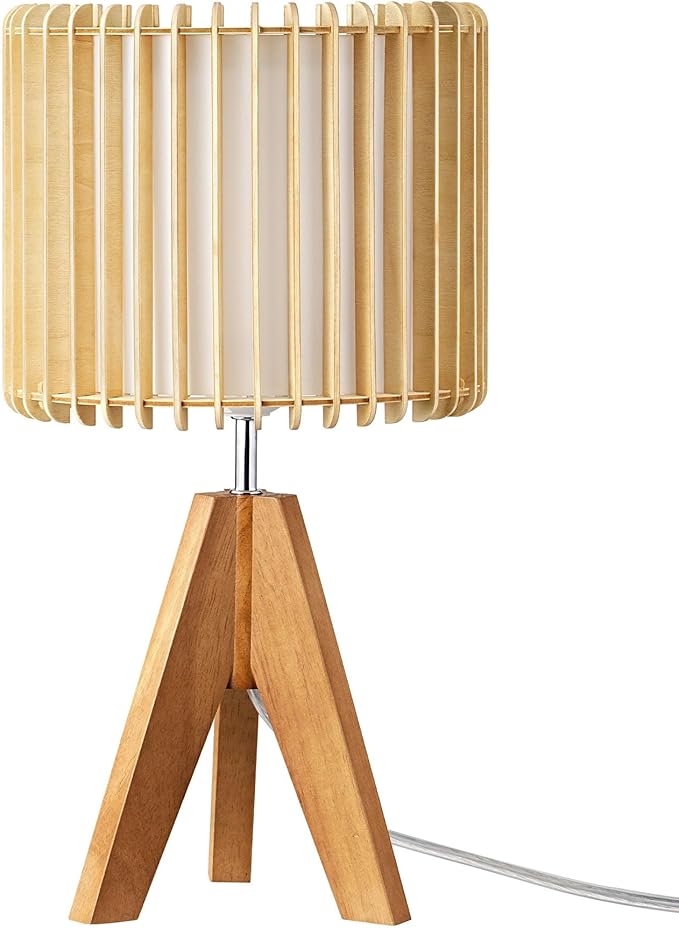 EDISHINE 14.17" Small Table Lamp, Wood Tripod Bedside Lamp, Natural Wood-Colored Hollow & White PVC Shade, E26 Base, Boho Nightstand Lamp for Bedroom, Living Room, Office, Study - Bloomnest