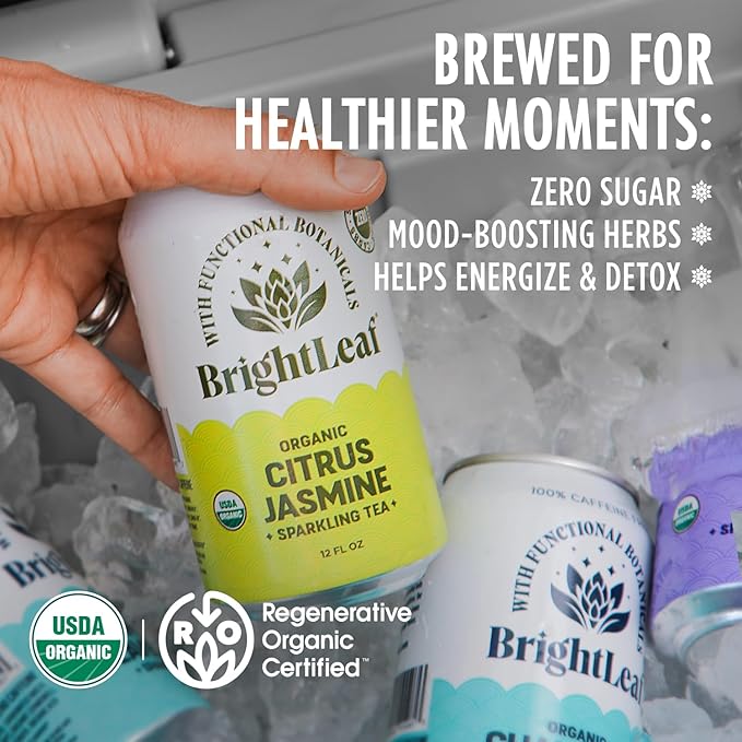 BrightLeaf Regenerative Organic Sparkling Tea, Citrus Jasmine, 12 oz Cans (Pack of 12) – Zero Sugar & Zero Calories – Organic Herbal Tea Drink – Mood-boosting ingredients – Craft Brewed Botanical Beverage - Bloomnest