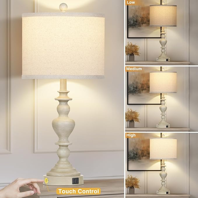 27" Farmhouse Lamps Set of 2 with USB C+A Charging Ports, Vintage Rustic Touch Control Table Lamp for Living Room, 3-Way Dimmable Traditional Nightstand Bedside Lamp for Bedroom Resin Washed Beige - Bloomnest