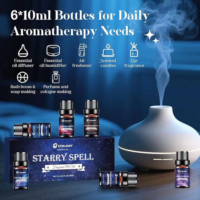 Essential Oil Blends, Starry Spell Essential Oil Set for Diffusers for Home, Humidifiers, Candle Making, Magical Aromatherapy Blends - Stress Relief, Calm Mind, Relax, Meditate, 6x10ml - Bloomnest