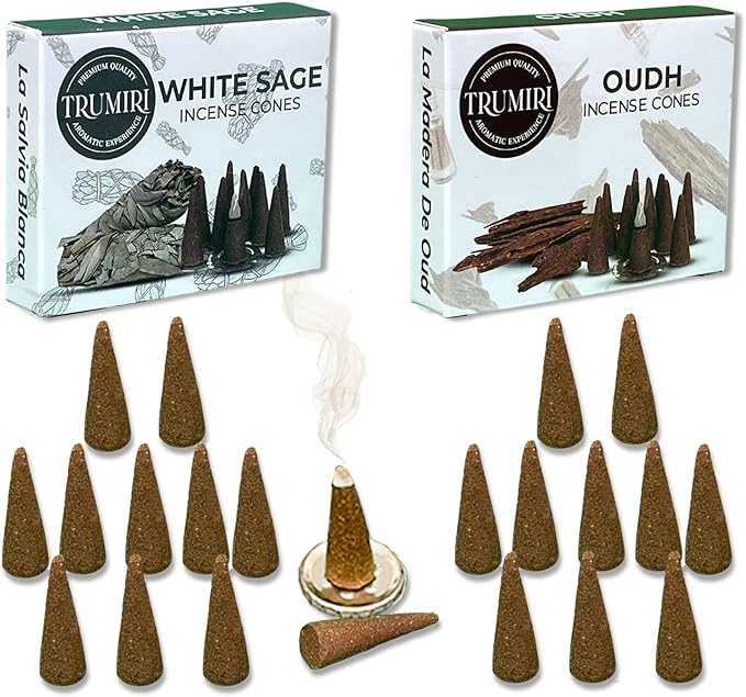 Incense Cones - Combo Pack of 20 Cone Incense - 10 White Sage + 10 Oud - Insence Cones - Incense Cones Scented - Cone Incense Scents - Insense Cones - Incent Cone TRUMIRI