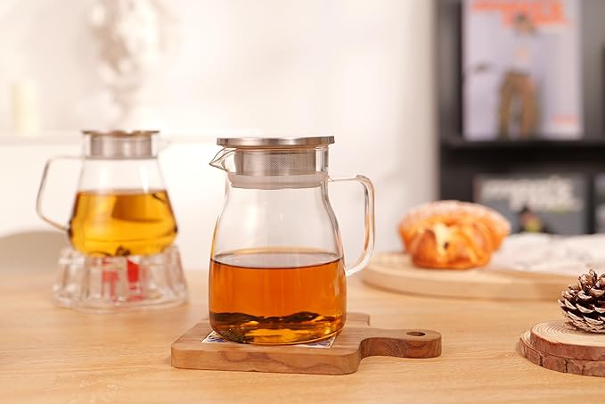CNGLASS One-Touch Glass Teapot, 27oz(800ml) Glass Tea Kettle with Stainless Steel Filter Lid, Stovetop Safe Loose Leaf Tea Maker - Bloomnest