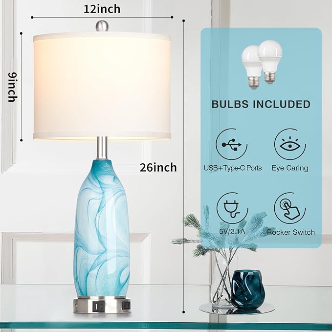 26" Coastal Table Lamps Set of 2, Modern Table Lamps with USB A+C Ports & AC Outlet, Touch Control Glass Bedside Nightstand Lamp with Night Light for Living Room Bedroom End Table Blue(Bulbs Included) - Bloomnest