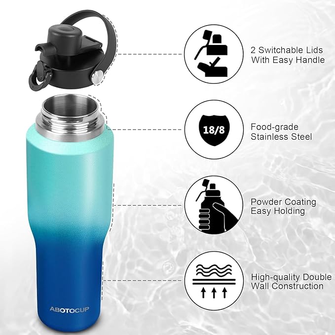 Insulated Water Bottle 40oz with Straw/Spout Lids, Stainless Steel Water Bottles Keep Cold 24h&Hot 12h, Metal Water Bottle with Straw that Fits in Cup Holder, Water Bottle Leak-proof,BPA Free - Bloomnest