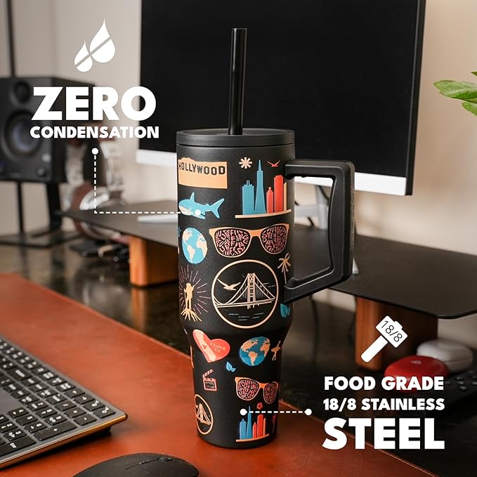 Elemental 40 oz Tumbler with Handle and Straw - Spill Proof Insulated Stainless Steel Commuter for Hot and Cold Beverages - Travel Coffee Mug with 2 Straws & Spill Proof Lid - 40oz-California Dreaming - Bloomnest