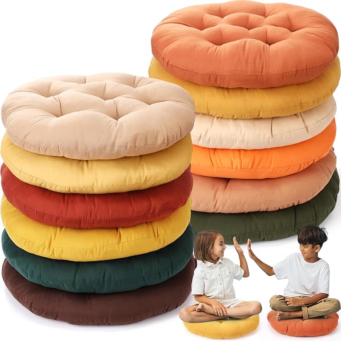 Fumete 12 Pcs Floor Pillows Cushions Seating 16 x 16 Inches Color Round Seat Reading Floor Chair Cushions for Kids Adults Classroom Home School Playing Supplies(Warm Color) - Bloomnest