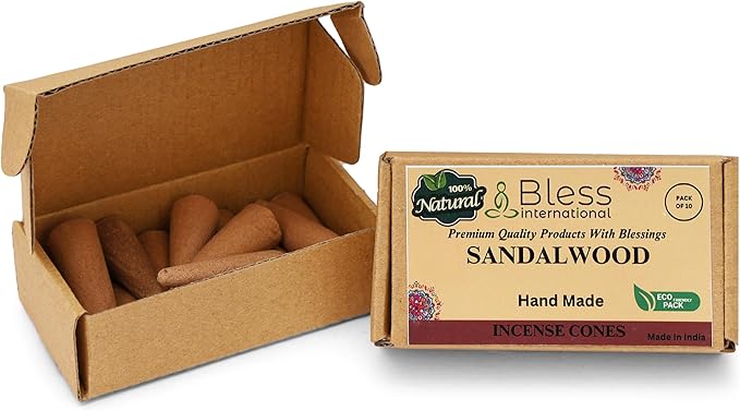 Bless International Sandalwood 100%-Natural-Incense-Cones Handmade-Hand-Dipped Organic-Chemicals-Free for-Purification-Relaxation-Positivity-Yoga-Meditation The-Best-scents (10 Count) BlessInternational