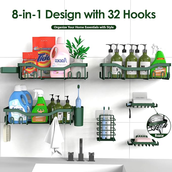 Shower Caddy Adhesive Shower Organizer 8-Pack, Rustproof Stainless Steel Bathroom Shelves, Large Capacity No-Drill Rack Storage Accessories with Soap Dish Toothbrush Holder Hooks - Bloomnest