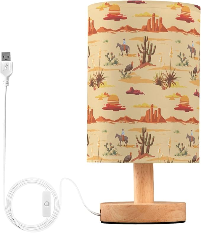 Table Lamp Vintage Desert Sunset Pattern Cactus Mountain Cowboy Horse Turkey Nightstand Lamp with Wood Base Fabric Lamp Shade Bedside Desk Lamp for Living Room Bedroom Kids Room Office - Bloomnest