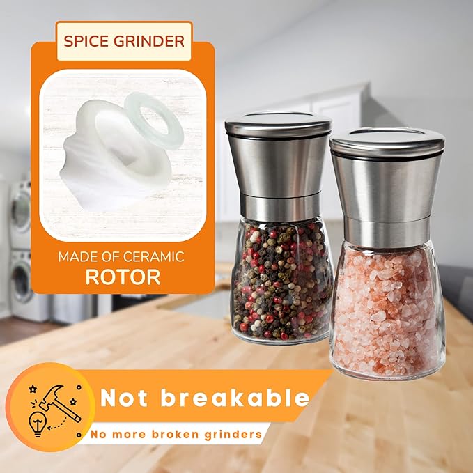 Professional Salt and Pepper Grinder Set – Premium Stainless Steel Salt and Pepper Shakers with Ceramic Spice Grinder Mill for Adjustable Coarseness - Added Bonus a Bamboo spoon and a Cleaning Brush. - Bloomnest