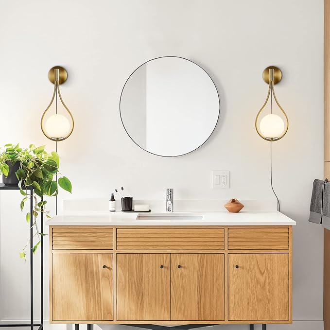 KCO Lighting Gold Globe Teardrop Wall Sconce Plug in Mid-Century Modern Glass Wall Mount Light Fixture Light Brushed Bathroom Vanity Light Fixture for Mirror Bedside Living Room - Bloomnest