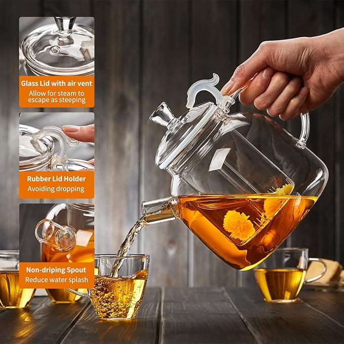 68OZ Glass Teapot, Large Glass Tea Pot With Infuser, Kettle For Stove Top, Tea Cup With Infuser For Loose Leaf Tea Steeper 2000ML, Dishwasher Safe - Bloomnest