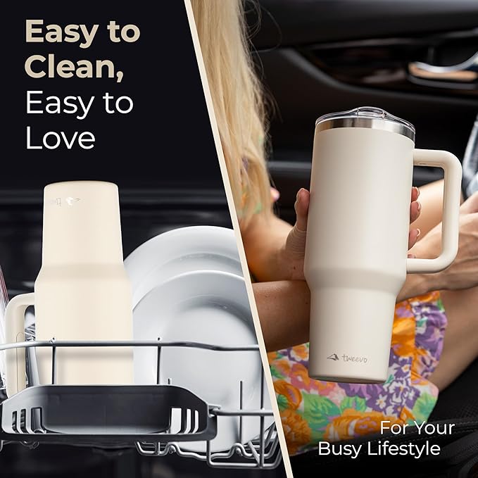 40 oz Tumbler With Handle and Straw Made of Stainless Steel - Double Wall Vacuum Insulated Tumbler With Lid - Sweat Proof Easy Grip, BPA-Free, Dishwasher Safe Tumbler (Cream) - Bloomnest