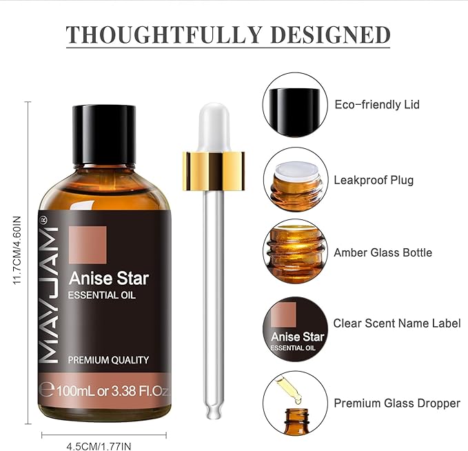 Anise Star Essential Oil, MAYJAM Pure Anise Star Oils for Diffusers, 3.38FL.OZ/100ML Star Anise Essential Oil with Premium Glass Dropper, Anise Oil - Bloomnest
