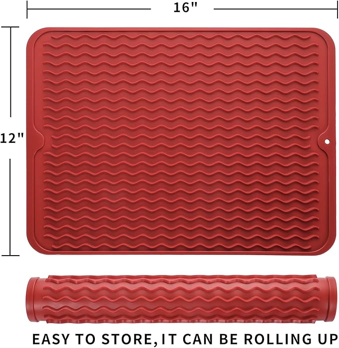 Silicone Dish Drying Mat for Multiple Usage,Easy clean,Eco-friendly,Heat-resistant Silicone Mat for Kitchen Counter or Sink,Refrigerator or drawer liner Red L 16 inches x 12 inches - Bloomnest
