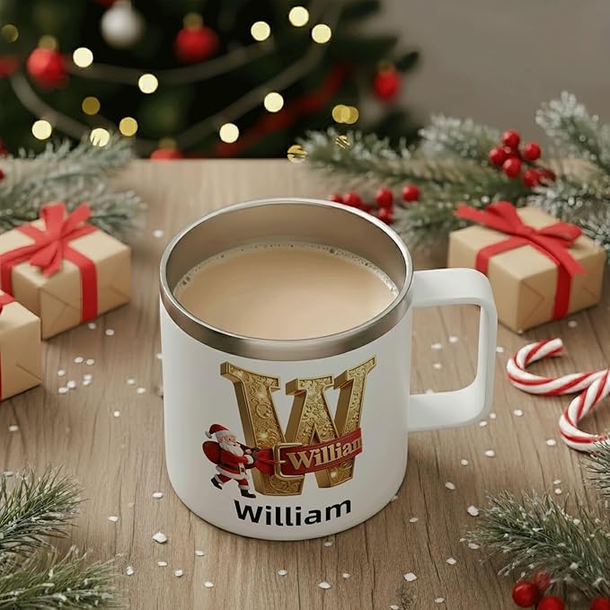 Personalized Christmas Mug | Custom Elegant Gold Initial Insulated Coffee Cup with Handle & Lid | 12oz Holiday Tumbler, Unique Santa Gift for Women & Family (B32) - Bloomnest