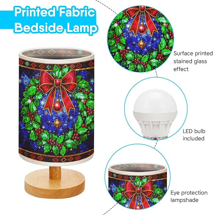 Christmas Wreath Table Lamp LED 3-Color Pressed Bedside for Merry Christmas, Christmas Wreath Shade Christmas Table Lamp with Wood Base for Bedroom Living Room Desk Office - Bloomnest