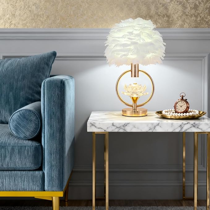 ZYLEIESENBAO Chic White Feather Lamp 17IN Modern Crystal Fluffy Table Lamp Cute Romantic Bedside Nightstand Light Nordic Furry Desk Lamp for Girl Bedroom Living Room Entry Office Hotel Party Wedding - Bloomnest