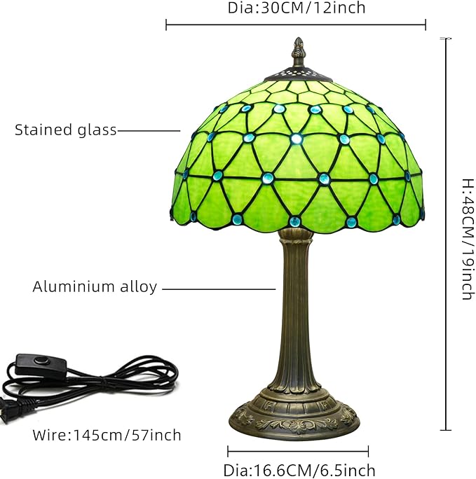 Green Tiffany Lamp For Bedrooms Bedside Stained Glass Table Lamp Farmhouse Lamps Night Stands Retro Traditional Nightstand Desk Decor Blue Beads Side Living Room End Desk Reding Lighting 12x12x19 Inch - Bloomnest