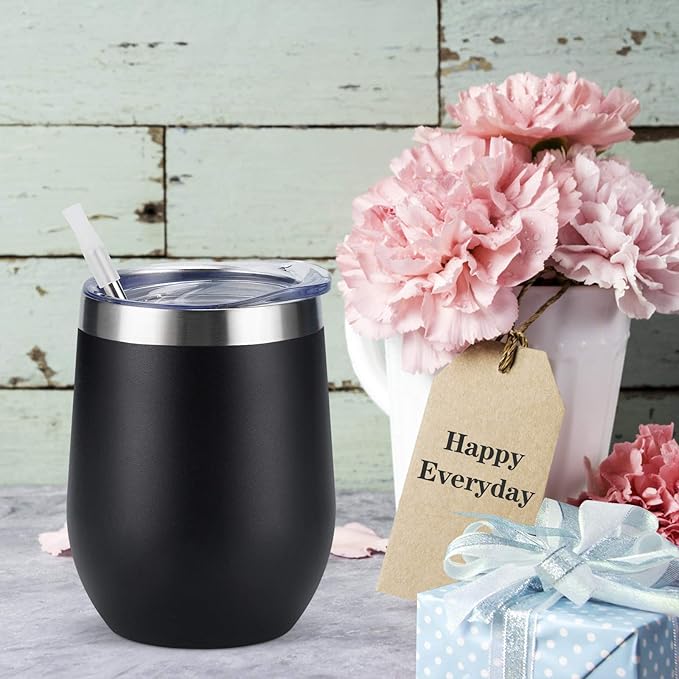 8 Pack 12Oz Stainless Steel Wine Tumblers, Insulated Wine Tumbler, Double Wall Insulated Wine Glass, Stainless Steel Stemless Wine Cups with Lids for Coffee, Wine, Cocktails, Champaign, Black - Bloomnest