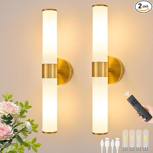 Gold Battery Operated Wall Sconces Set of 2, Rechargeable Wall Lights with Remote Control, 20 Inch Modern Wireless Wall Lamp for Bedroom, Living Room (Bulbs Included) - Bloomnest
