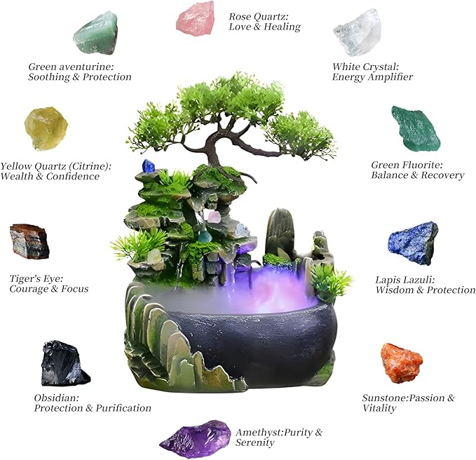 Free 10 PCS Crystal & CYLLYKGIFT Crystal Energy Guard & Tabletop Bonsai Tree Fountain - with LED Lights, Rock Waterfall, Misting Natural Crystals - Bloomnest