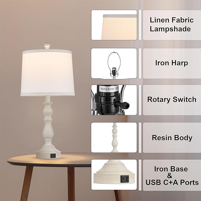 23'' Farmhouse Table Lamps for Living Room Set of 2 with USB C+A Ports, Retro Bedside Lamp for Bedroom, Office, Dining Room, Knob Switch, 3 Color Temperatures, Bulb Included, Beige - Bloomnest
