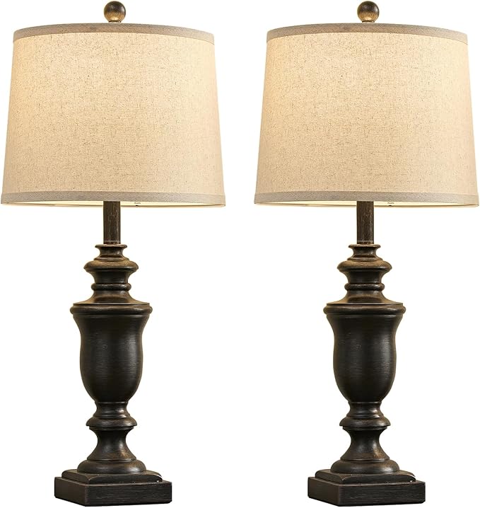 27.5" Vintage Farmhouse Table Lamps Set of 2 Bedside Lamp, 3 Way Dimmable Bedroom Lamps with 2 USB Ports +AC Outlet Touch Nightstand Lamp Rustic Lamp (Rotary-Antique Black) - Bloomnest