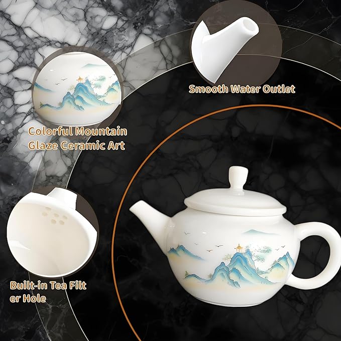 Landscape-Painted Chinese Gongfu Porcelain Tea Set: 6 Teacups & 1 Teapot. Made of Chinese/Japanese-style porcelain, ideal as a gift for business occasions & holidays(Landscape Design) - Bloomnest