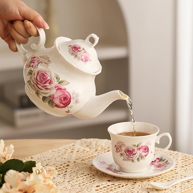 20-Pieces Tea Set For Adult with Golden Metal Rack,Porcelain Tea Sets For Women,Tea Gift Sets for Home&Party(016) - Bloomnest