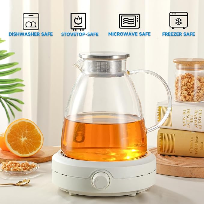 68OZ/2000ML One Touch Glass Teapot with Stainless Steel Filter Lid, Stovetop & Microwave Safe Tea Maker Water Kettle, Strainer & Cover 2 in 1 Loose Leaf Tea Steeper Pot Coffee Carafe - Bloomnest