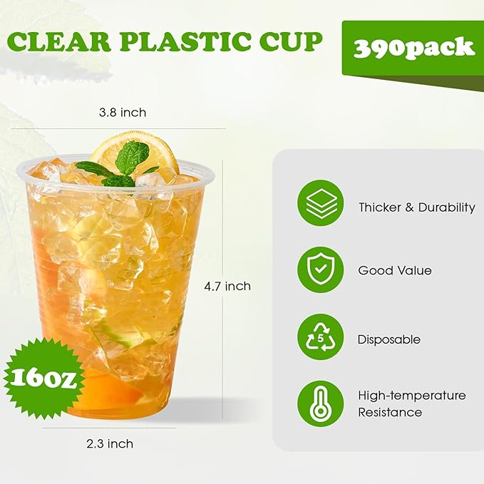 Lilymicky 390 Pack 16 oz Clear Plastic Cups, Cold Disposable Plastic Drinking Cups for Parties, Picnic, BBQ, Travel, and Events - Bloomnest