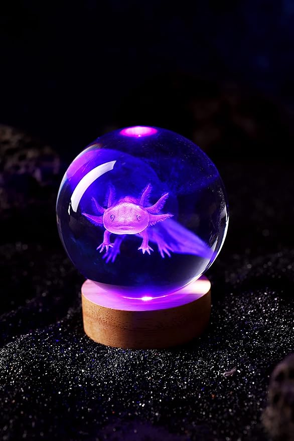 3.15 inch Axolotl Crystal Ball Lamp,3D K9 Crystal Ball Night Light with Wooden Base,16 Colors Change with Remote Control,Clear Glass Light,Birthday Gift for Friends (Axolotl) - Bloomnest