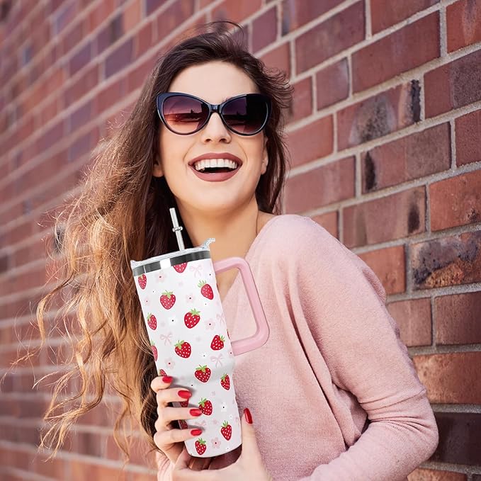 Ceovfoi 40oz Strawberry Tumbler With Handle Lid and Straw,Strawberry Floral Coffee Mug Cup Water Bottles,Strawberry Themed Gifts for Women,Strawberry Decor Stuff Accessories - Bloomnest