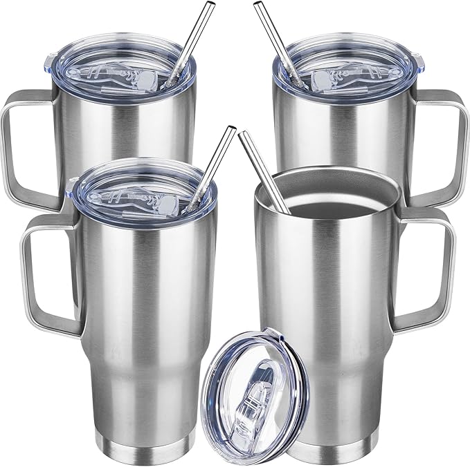 20 oz Tumbler with Handle Stainless Steel Insulated Coffee Mug Tumbler with Lid and Straw Double Wall Vacuum Insulated Coffee Mug Leak Proof Travel Mug Tumbler for Hot and Cold Drink (Silver,4pack)