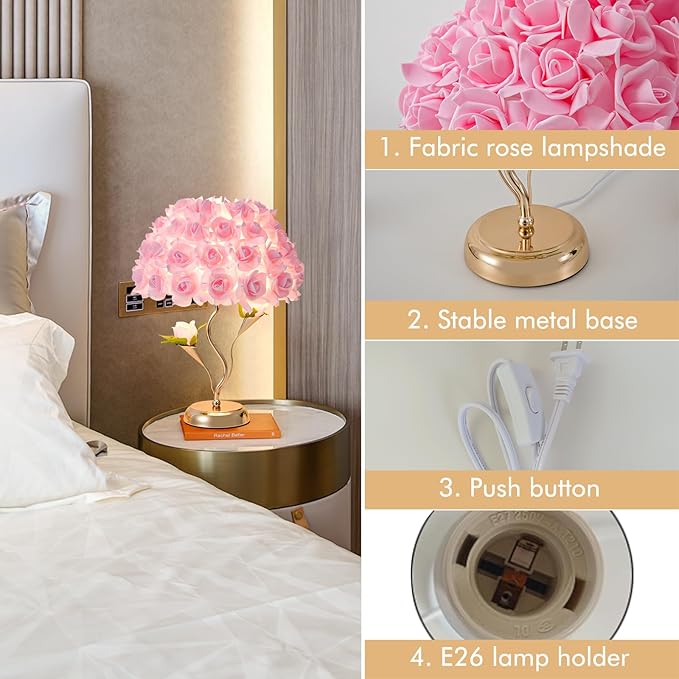 Pink Flowers Lamp Fabric Rose Table Lamp Flower Desk Lamp Creative Bedroom Nightstand Light or Wedding Decor Valentines Dating Party Livingroom Hotel Office Study Room - Bloomnest