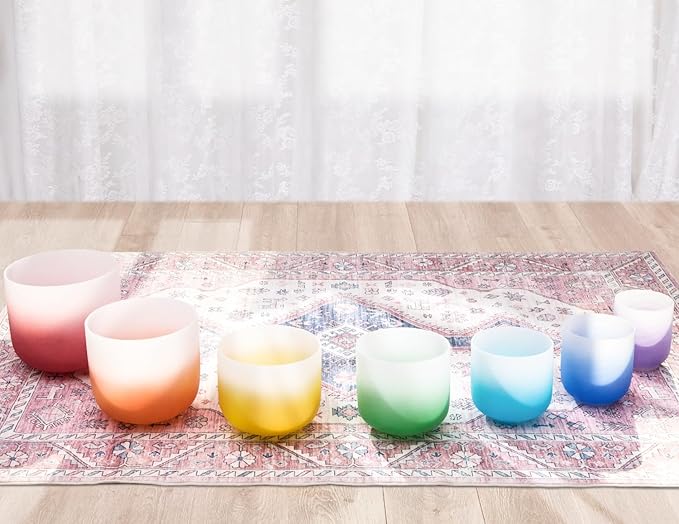 432Hz 6-12 Inch Set of 7 Quartz Crystal Singing Bowls with Gradient Colored Design, 2 Travel Carry Case Bags and Resonance Striker for Meditation and Sound Therapy - Bloomnest