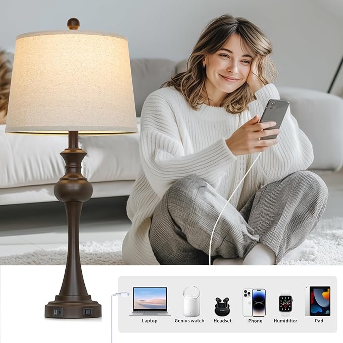 29" Tall Brown Table Lamp, 3-Way Dimmable Touch Control Bedside Lamp with USB A+C & AC Outlet for Bedroom, Living Room (1 Pack) - Bloomnest