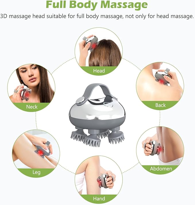 KeeKit Electric Scalp Massager, Portable Head Massager with 8 Removable Heads, 3 Kneading Modes, Handheld Head Scratcher for Relaxation, Hair Growth & Neck/Back Pain Relief, Deep Clean KeeKit